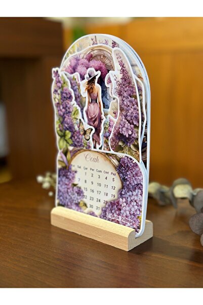 Sticker Ekspres 2025 Ahşap Standlı Leylak Bahçesindeki Kadın Özel Tasarım Takvim / Çiçekli Takvim Hediye