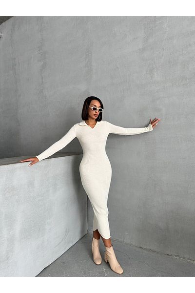 BEJNA Beige Maxi-Strickkleid – Basic-Modell mit Polokragen
