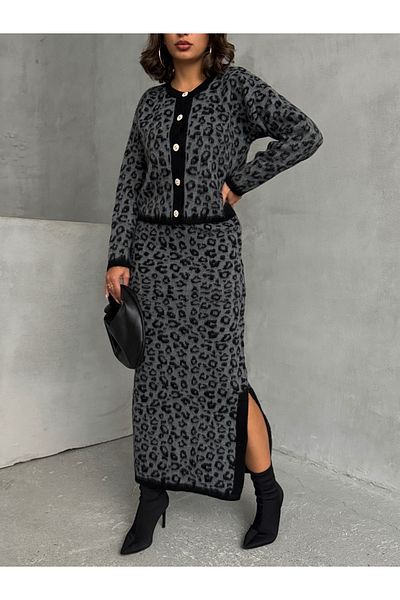 BEJNA Women's Leopard Pattern Skirt Knitwear Set