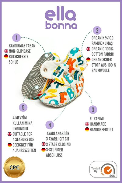 Ella Bonna Organic Cotton Baby Booties Anti-Slip Sole Cotton Newborn Slippers Home Nursery Shoes