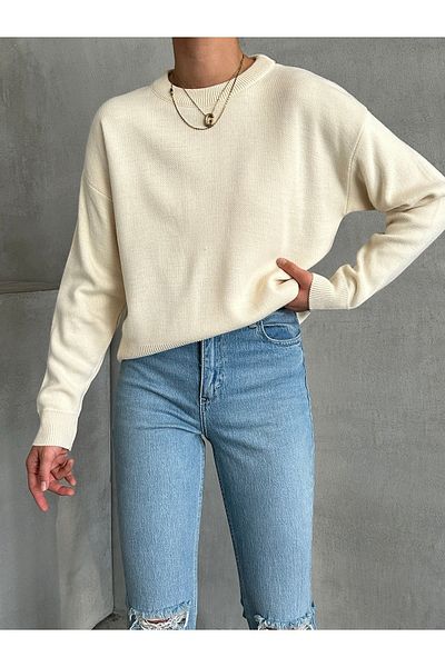 BEJNA Ecru Crew Neck női kötöttáru pulóver - alapmodell