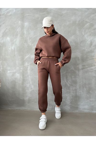 BEJNA Basic-Trainingsanzug-Set für Damen aus brauner Baumwolle mit Fleece-Innenseite
