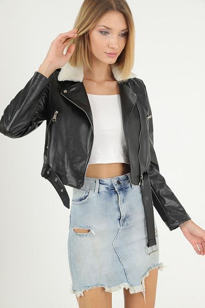 BEJNA Schwarze Damen Lederjacke mit Pelzkragen