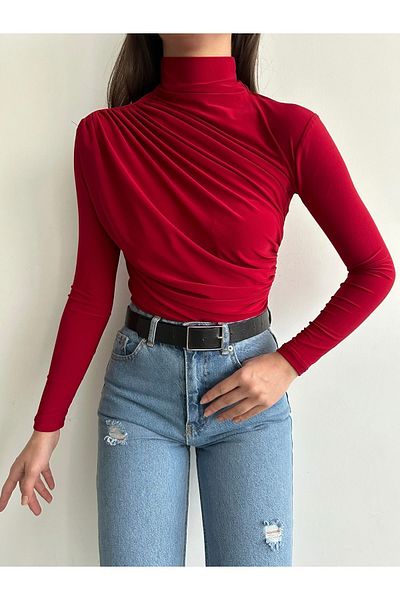 BEJNA Women's Red Drawstring Detailed Stand Collar Sandy Blouse