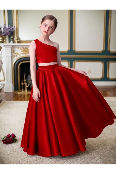 NSMLİFE Girl's Long Satin Skirt and Satin One Shoulder Crop Bustier Evening Dress Suit Model