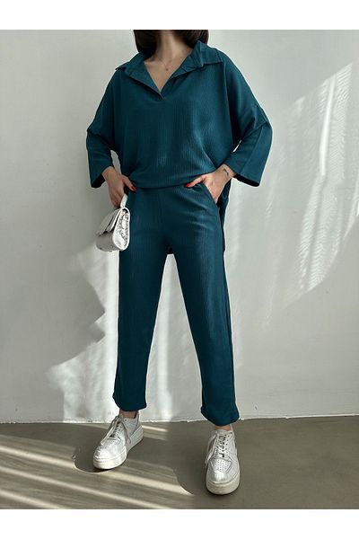 BEJNA Women's Petrol Green Polo Collar Top Trousers Double Set