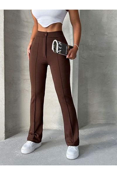 BEJNA Braune, gerippte Palazzo-Hose mit hoher Taille – ausgestelltes Bein