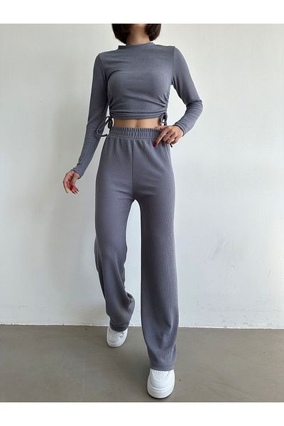 BEJNA Gray Long Sleeve Side Adjustable Drawstring Women's Set