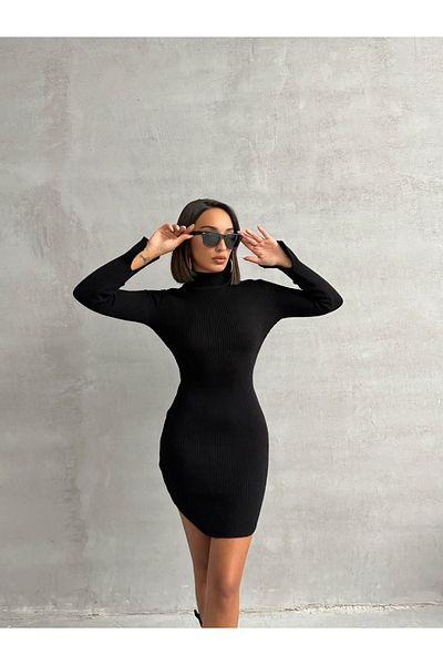 BEJNA Schwarzes Mini-Strickkleid – Stehkragen für Damen