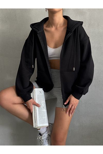 BEJNA Schwarzer Oversize-Sweat-Cardigan mit Reißverschluss für Damen