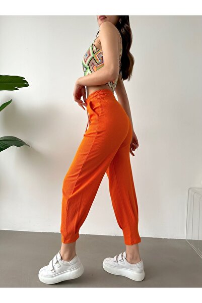 BEJNA Women's Orange Pleated Leg Trousers