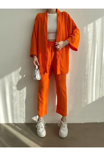 BEJNA Orangefarbenes Kimono-Hosen-Strickset für Damen