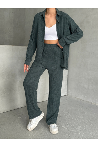 BEJNA Emerald Textured Rustic Women's Shirt Set