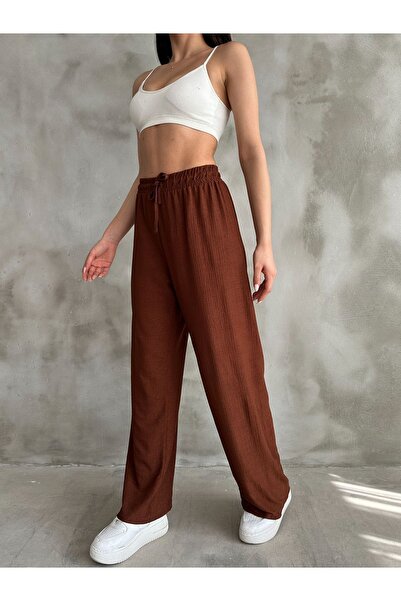 BEJNA Women's Brown Elastic Waist Palazzo Pants