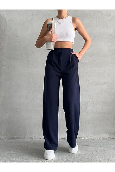 BEJNA Marineblaue, plissierte, lockere Palazzo-Hose für Damen