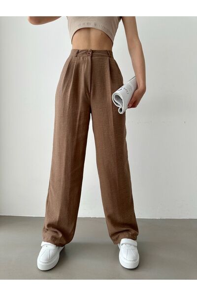 BEJNA Women's Brown Linen High Waist Pleated Palazzo Pants