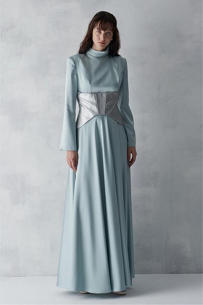 MERCI MS FANCY Satin Long Evening Dress with Corsage Detail
