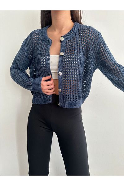 BEJNA Damen-Strickjacke mit durchbrochenem Muster und Glitzerdetail in Indigoblau