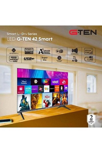 GTEN تلفزيون ذكي عالي الدقة مقاس 42 بوصة بتصميم بدون إطار، مرآة وE-Share، HDMI\USB\WiFi،Netflix، YouTube