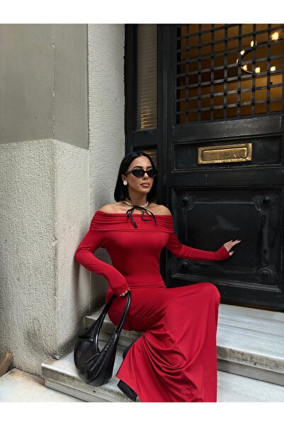 BEJNA Women's Red Madonna Collar Stretchy Long Dress