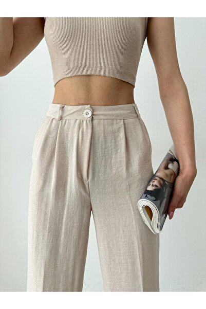 BEJNA Women's Beige Linen High Waist Pleated Palazzo Trousers