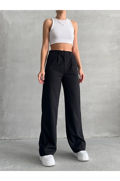 BEJNA Schwarze, plissierte, lockere Palazzo-Hose für Damen