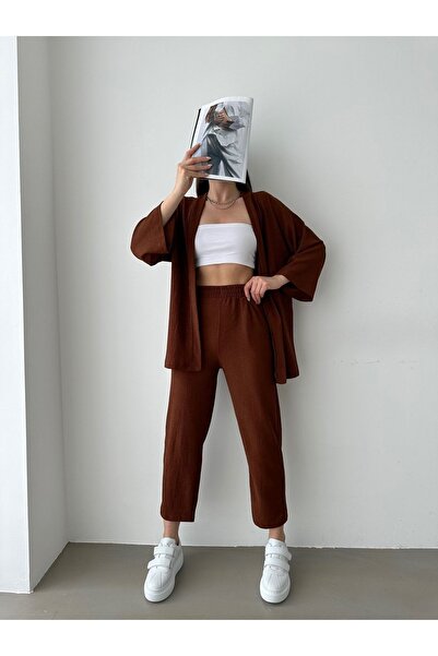 BEJNA Braunes Kimono-Hosen-Strickset für Damen