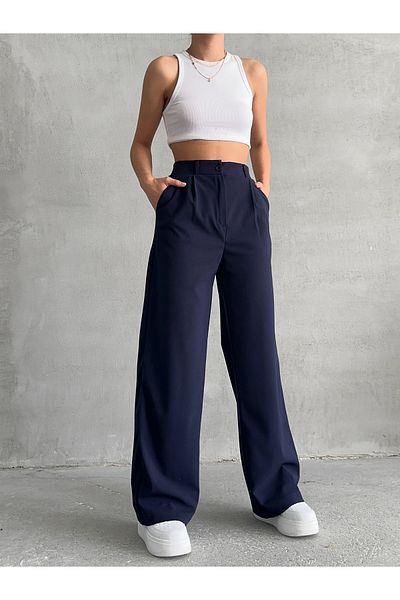 BEJNA Marineblaue, plissierte, lockere Palazzo-Hose für Damen