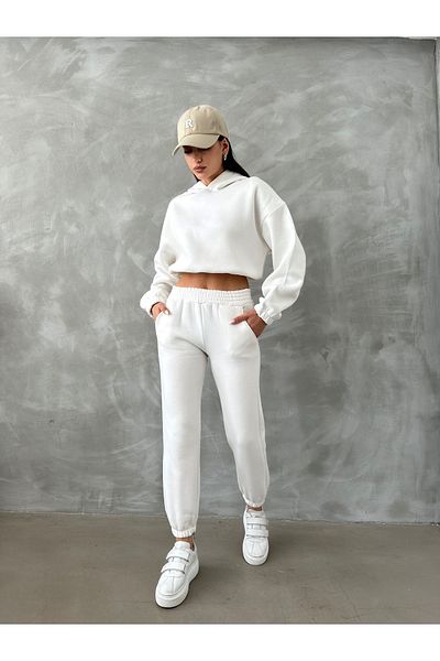 BEJNA Basic-Trainingsanzug-Set für Damen aus weißer Baumwolle mit Fleece-Innenseite