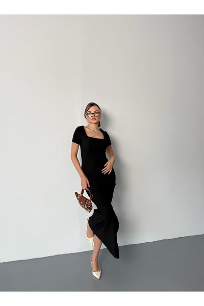 BEJNA Women's Black Square Neck Slit Maxi Dress