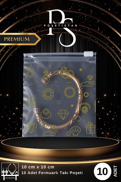 POŞETİSTAN Ready Printed Gold Color Zippered Lockable Jewelry Bag 10*10 (10 Pcs)