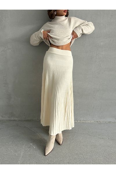 BEJNA Cremefarbener, plissierter langer Strickrock für Damen