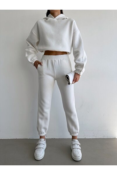 BEJNA Women's White Cotton Basic Tracksuit Set with Fleece Inside