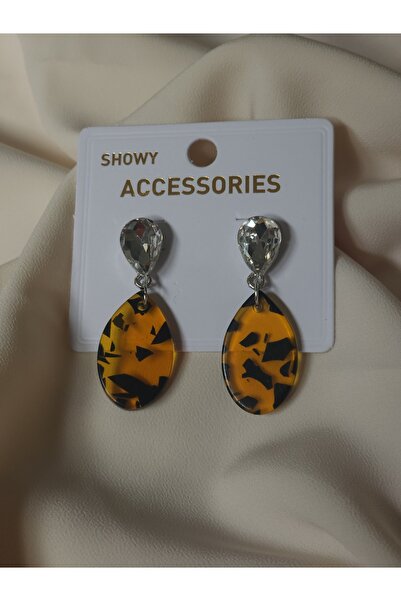 Avcıoğlu Aksesuar أقراط نسائية بيضاوية صفراء من زجاج شبكي بنقشة الفهد قطرة من...