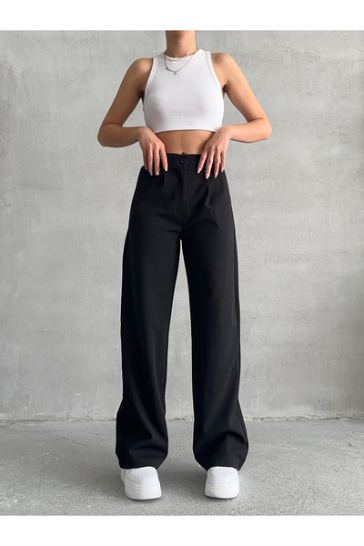 BEJNA Czarne plisowane luźne spodnie palazzo damskie