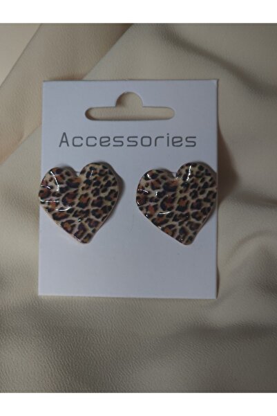 Avcıoğlu Aksesuar أقراط نسائية أقراط نسائية بنمط قلب معدني على شكل قلب فوق أقراط ليزر رمادي بنمط نمر مطلي بالذهب