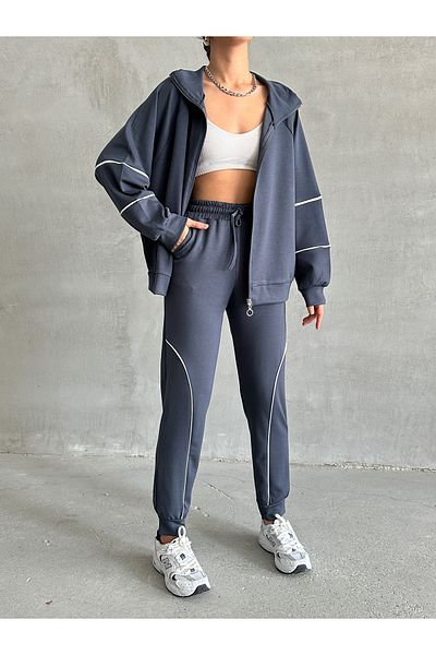 BEJNA Women's Anthracite Modal Textured Soft Touch Set with Piping Detail