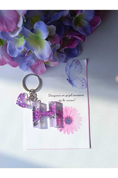 demirbasavm سلسلة مفاتيح إيبكسي مصنوعة يدويًا على شكل حرف H لعيد الأم