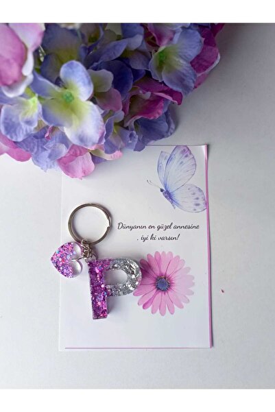 demirbasavm سلسلة مفاتيح إيبكسي مصنوعة يدويًا على شكل حرف P لعيد الأم