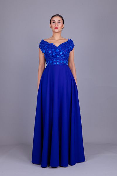 Bidoluelbise Sax Boat Neck Floral Tulle Detail Maxi Dress