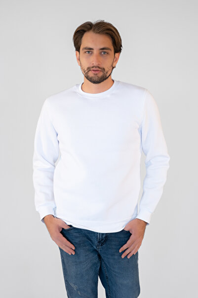 TEVOOY سويت شيرت أبيض للجنسين - 3 خيوط، ريش من الداخل، كم طويل، مقاس عادي