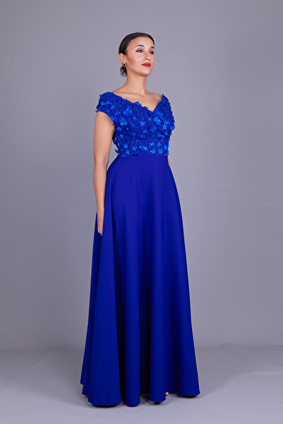 Bidoluelbise Sax Kayık Yaka Çiçekli Tül Detay Maxi Boy Elbise