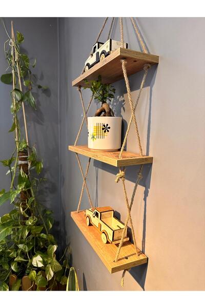 MEŞE MOBİLYA Ahşap Özel Yapım Üçlü Hasır İpli Raf Kitaplık, Saksılık