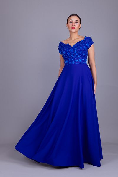 Bidoluelbise Sax Boat Neck Floral Tulle Detail Maxi Dress