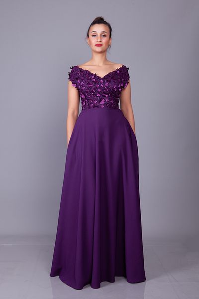 Bidoluelbise Plum Boat Neck Floral Tulle Detail Maxi Dress