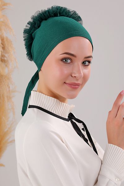 Melodi Scarf Emerald Green 10-Piece Bonnet Hijab with Ruffles and Stitching Detail