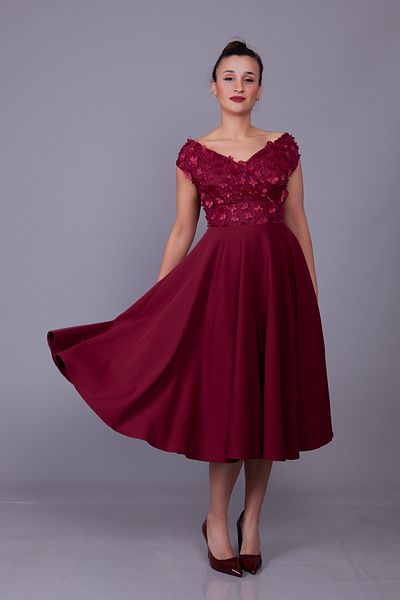 Bidoluelbise Burgundy Boat Neck Floral Tulle Detail Midi Length Evening Dress