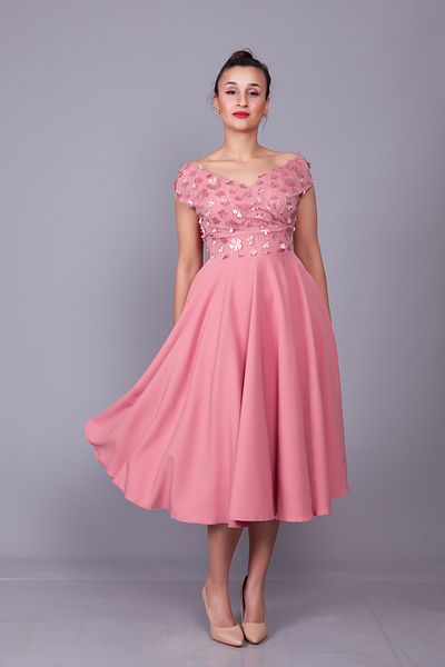 Bidoluelbise Βραδινό φόρεμα με λαιμόκοψη Dusty Rose με λεπτομέρεια από τούλι