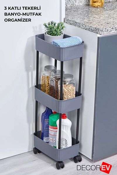 decorev 3 Tier Organizer Shelf - Bathroom and Kitchen Organizer (with Wheels) Anthracite
