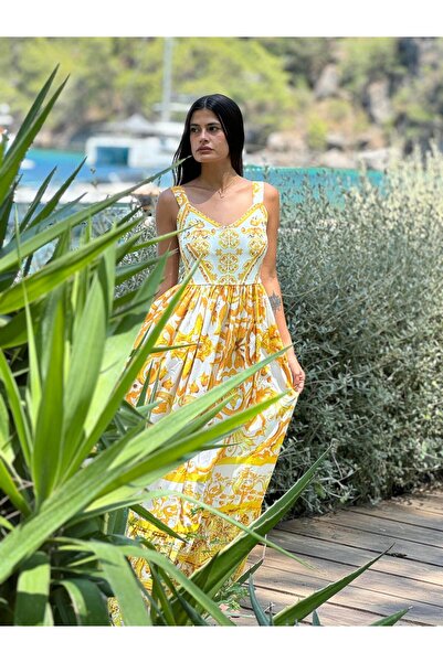 Miss Boheme Sarı Askılı Etnik Desenli İthal Krep Kumaş Elbise